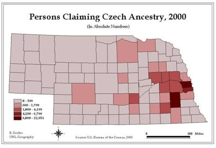 Persons Claiming Czech Ancestry, 2000 (absolute numbers)