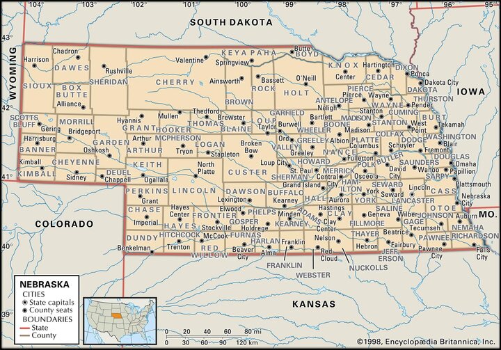 Nebraska county boundaries and county seats in 1998